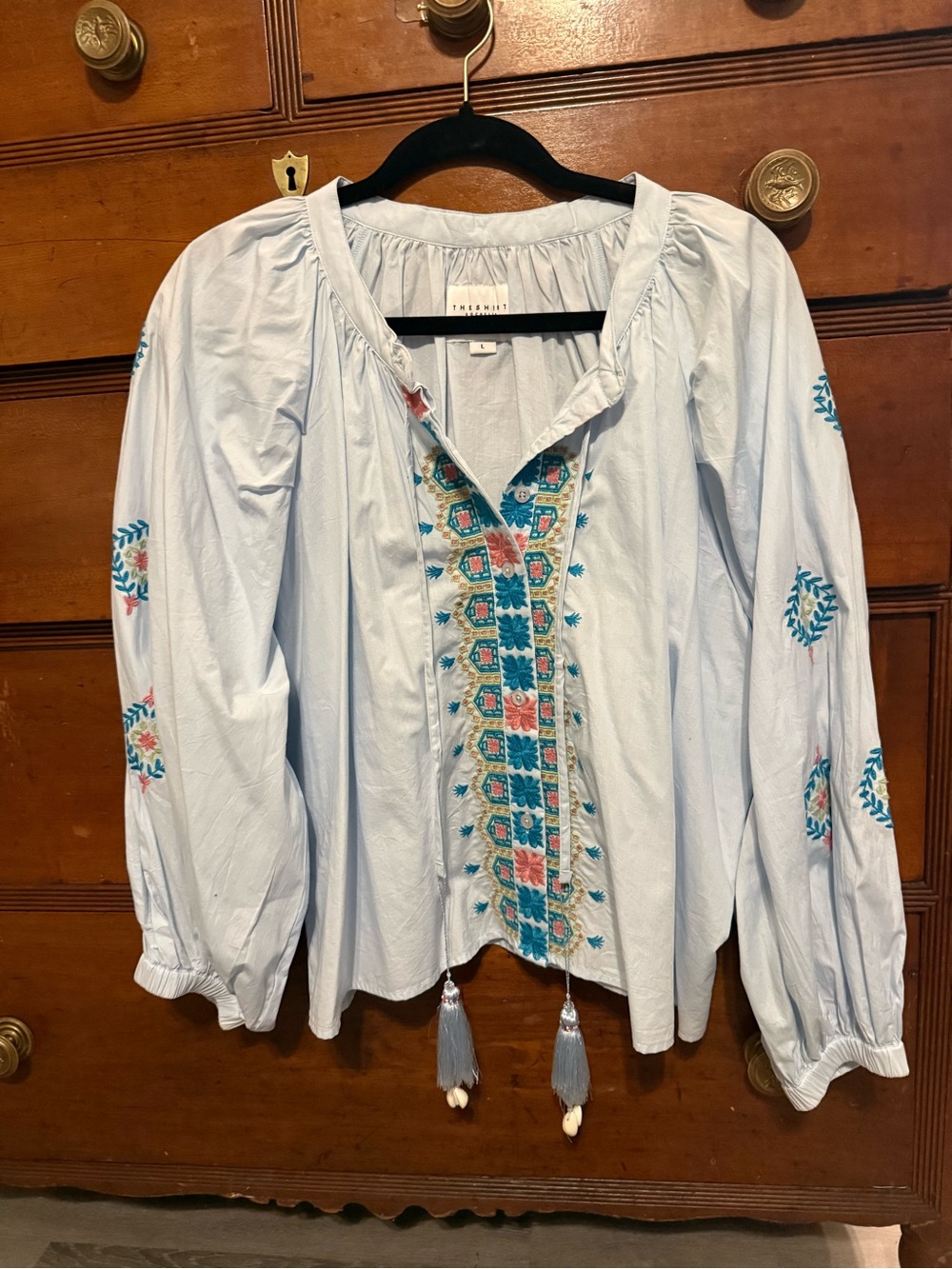 The Shirt by Rochelle Behrens Light Blue Embroidered Peasant Tunic
